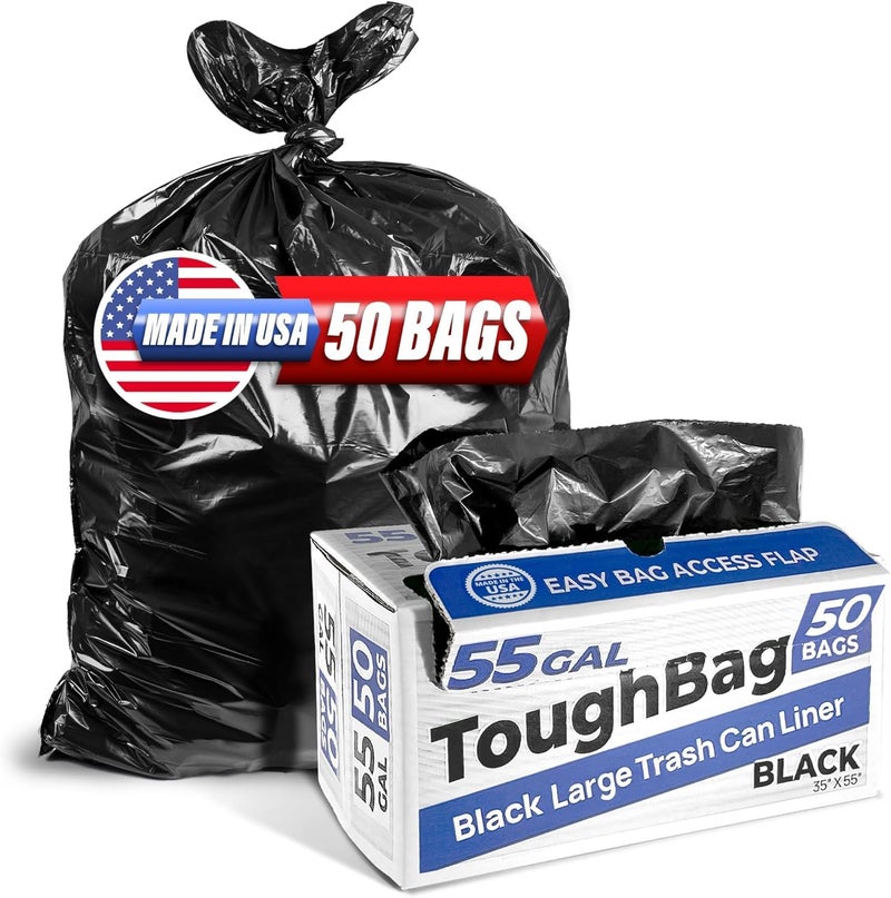 تاف باج أكياس قمامة ToughBag بسعة 55 جالونًا، وأكياس قمامة بسعة 55-60 جالونًا شديدة التحمل (50 قطعة) - بطانات صناديق قمامة سوداء كبيرة، سعة 50-60 جالونًا للمقاولين والتجارية والحديقة - صُنعت في الولايات المتحدة الأمريكية - Image 1